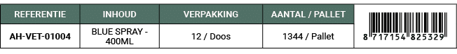 REFERENTIE,INHOUD,VERPAKKING,AANTAL / PALLET,￼,AH VET 01004,BLUE SPRAY 400ML,12 / Doos,1344 / Pallet