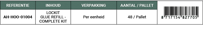 REFERENTIE,INHOUD,VERPAKKING,AANTAL / PALLET,￼ ,AH HOO 01004,LOCKIT GLUE REFILL COMPLETE KIT,Per eenheid,48 / Pallet