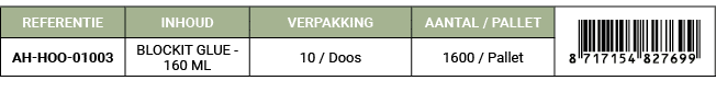 REFERENTIE,INHOUD,VERPAKKING,AANTAL / PALLET,￼,AH HOO 01003,BLOCKIT GLUE 160 ML,10 / Doos,1600 / Pallet