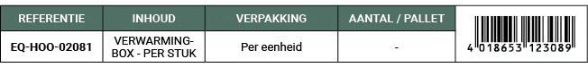 REFERENTIE,INHOUD,VERPAKKING,AANTAL / PALLET,￼,EQ HOO 02081,VERWARMINGBOX PER STUK,Per eenheid, 