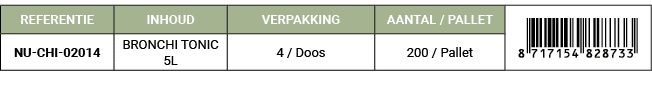 REFERENTIE,INHOUD,VERPAKKING,AANTAL / PALLET,￼,NU CHI 02014,BRONCHI TONIC 5L,4 / Doos,200 / Pallet