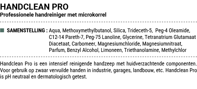 HANDCLEAN PRO Professionele handreiniger met microkorrel ■ SAMENSTELLING : Aqua, Methoxymethylbutanol, Silica, Tridec...
