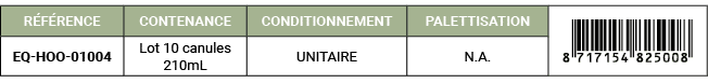 R F RENCE,CONTENANCE,CONDITIONNEMENT,PALETTISATION,￼,EQ HOO 01004,Lot 10 canules 210mL,UNITAIRE,N.A. 