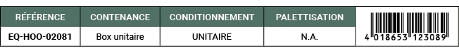 R F RENCE,CONTENANCE,CONDITIONNEMENT,PALETTISATION,￼,EQ HOO 02081,Box unitaire,UNITAIRE,N.A. 