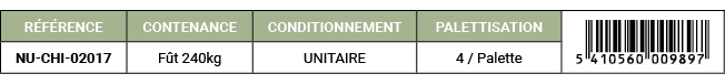 R F RENCE,CONTENANCE,CONDITIONNEMENT,PALETTISATION,￼,NU CHI 02017,F t 240kg,UNITAIRE,4 / Palette