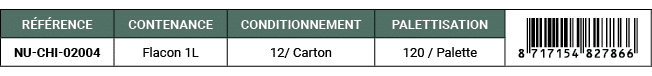 R F RENCE,CONTENANCE,CONDITIONNEMENT,PALETTISATION,￼,NU CHI 02004,Flacon 1L,12/ Carton,120 / Palette