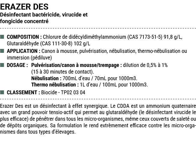 ERAZER DES D sinfectant bact ricide, virucide et fongicide concentr ■ COMPOSITION : Chlorure de did cyldim thylammon...