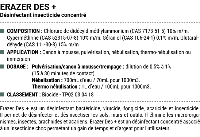ERAZER DES + D sinfectant insecticide concentr ■ COMPOSITION : Chlorure de did cyldim thylammonium (CAS 7173 51 5) 1...