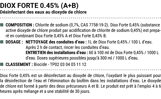 DIOX FORTE 0.45% (A+B) D sinfectant des eaux au dioxyde de chlore ■ COMPOSITION : Chlorite de sodium (0,7%, CAS 7758 ...