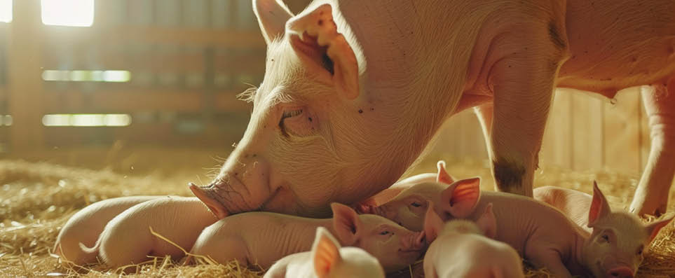 A mother pig nuzzles her adorable piglets as they rest together on a straw-covered floor in a warm, sunlit barn.