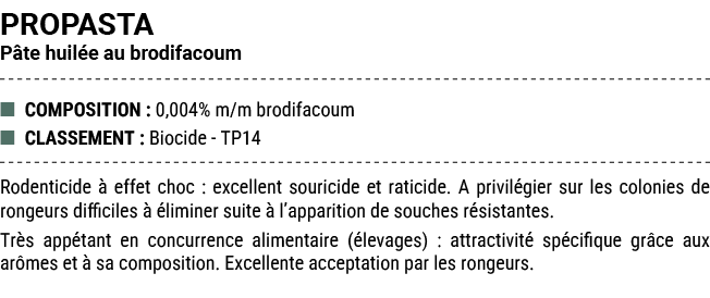 PROPASTA P te huil e au brodifacoum ■ COMPOSITION : 0,004% m/m brodifacoum ■ CLASSEMENT : Biocide TP14 Rodenticide  ...
