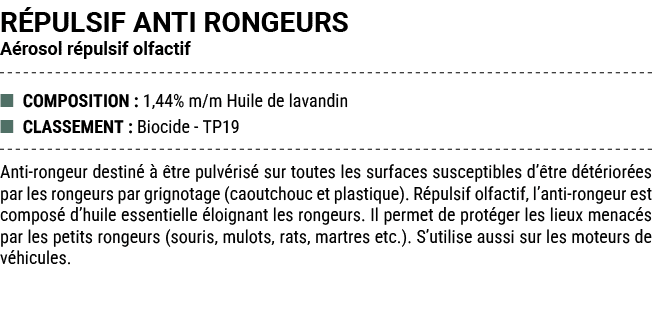 R PULSIF ANTI RONGEURS A rosol r pulsif olfactif ■ COMPOSITION : 1,44% m/m Huile de lavandin ■ CLASSEMENT : Biocide T...