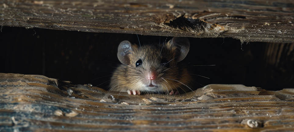 A small mouse peeking through a hole in a wooden structure, highlighting the common issue of rodent infestation in homes. This image underscores the importance of pest prevention and control in maintaining a rodent-free environment.