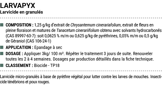 LARVAPYX Larvicide en granul s ■ COMPOSITION : 1,25 g/kg d’extrait de Chrysantemum cinerariafolium, extrait de fleurs...