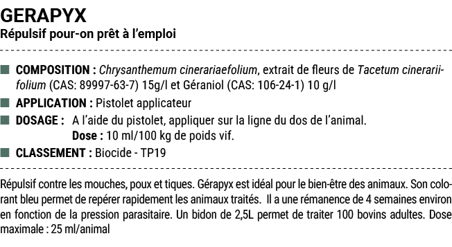 GERAPYX R pulsif pour on pr t  l’emploi ■ COMPOSITION : Chrysanthemum cinerariaefolium, extrait de fleurs de Tacetum...