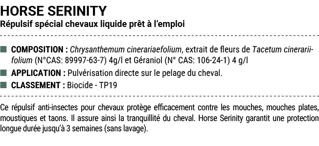 HORSE SERINITY R pulsif sp cial chevaux liquide pr t  l’emploi ■ COMPOSITION : Chrysanthemum cinerariaefolium, extra...