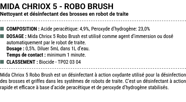 MIDA CHRIOX 5 ROBO BRUSH Nettoyant et d sinfectant des brosses en robot de traite ■ COMPOSITION : Acide perac tique: ...