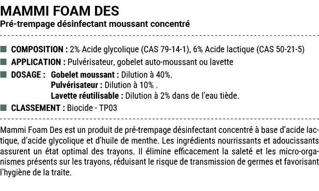 MAMMI FOAM DES Pr trempage d sinfectant moussant concentr  ■ COMPOSITION : 2% Acide glycolique (CAS 79 14 1), 6% Aci...