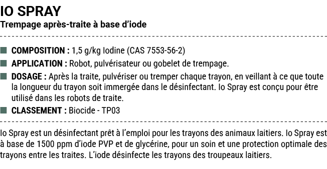 IO SPRAY Trempage apr s traite  base d’iode ■ COMPOSITION : 1,5 g/kg Iodine (CAS 7553 56 2) ■ APPLICATION : Robot, p...