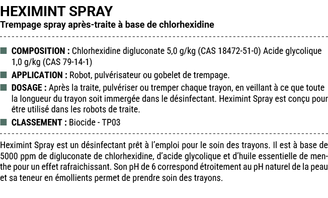 HEXIMINT SPRAY Trempage spray apr s traite  base de chlorhexidine ■ COMPOSITION : Chlorhexidine digluconate 5,0 g/kg...