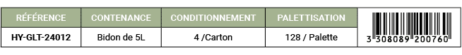R F RENCE,CONTENANCE,CONDITIONNEMENT,PALETTISATION,￼,HY GLT 24012,Bidon de 5L,4 /Carton ,128 / Palette 