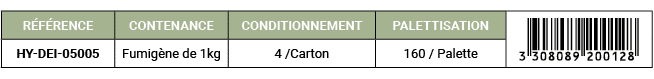 R F RENCE,CONTENANCE,CONDITIONNEMENT,PALETTISATION,￼,HY DEI 05005,Fumig ne de 1kg,4 /Carton,160 / Palette 