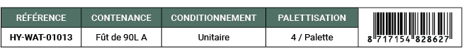 R F RENCE,CONTENANCE,CONDITIONNEMENT,PALETTISATION,￼,HY WAT 01013,F t de 90L A,Unitaire,4 / Palette 