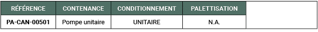 R F RENCE,CONTENANCE,CONDITIONNEMENT,PALETTISATION,,PA CAN 00501,Pompe unitaire,UNITAIRE,N.A. 