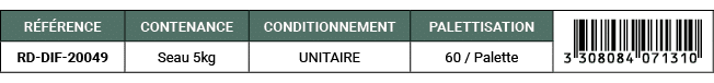 R F RENCE,CONTENANCE,CONDITIONNEMENT,PALETTISATION,￼,RD DIF 20049,Seau 5kg,UNITAIRE,60 / Palette