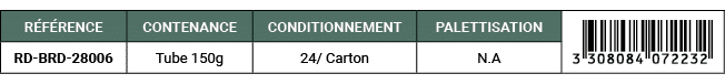 R F RENCE,CONTENANCE,CONDITIONNEMENT,PALETTISATION,￼,RD BRD 28006,Tube 150g,24/ Carton,N.A 