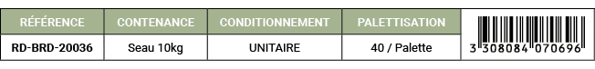 R F RENCE,CONTENANCE,CONDITIONNEMENT,PALETTISATION,￼,RD BRD 20036,Seau 10kg,UNITAIRE,40 / Palette