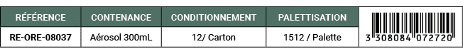 R F RENCE,CONTENANCE,CONDITIONNEMENT,PALETTISATION,￼,RE ORE 08037,A rosol 300mL,12/ Carton,1512 / Palette