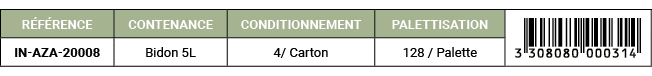 R F RENCE,CONTENANCE,CONDITIONNEMENT,PALETTISATION,￼,IN AZA 20008,Bidon 5L,4/ Carton,128 / Palette