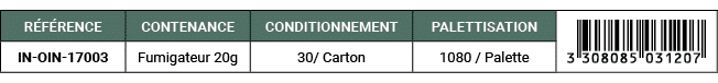 R F RENCE,CONTENANCE,CONDITIONNEMENT,PALETTISATION,￼,IN OIN 17003,Fumigateur 20g,30/ Carton,1080 / Palette
