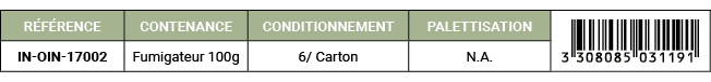 R F RENCE,CONTENANCE,CONDITIONNEMENT,PALETTISATION,￼,IN OIN 17002,Fumigateur 100g,6/ Carton,N.A. 