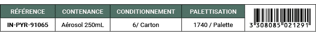 R F RENCE,CONTENANCE,CONDITIONNEMENT,PALETTISATION,￼,IN PYR 91065,A rosol 250mL,6/ Carton,1740 / Palette