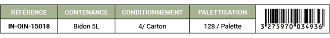 R F RENCE,CONTENANCE,CONDITIONNEMENT,PALETTISATION,￼,IN OIN 15018,Bidon 5L,4/ Carton,128 / Palette