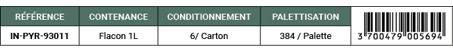 R F RENCE,CONTENANCE,CONDITIONNEMENT,PALETTISATION,￼,IN PYR 93011,Flacon 1L,6/ Carton,384 / Palette