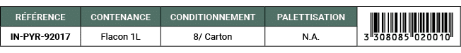 R F RENCE,CONTENANCE,CONDITIONNEMENT,PALETTISATION,￼,IN PYR 92017,Flacon 1L,8/ Carton,N.A. 