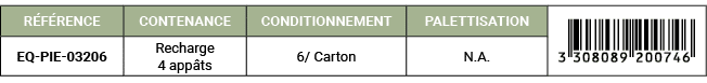R F RENCE,CONTENANCE,CONDITIONNEMENT,PALETTISATION,￼,EQ PIE 03206,Recharge 4 app ts,6/ Carton,N.A. 