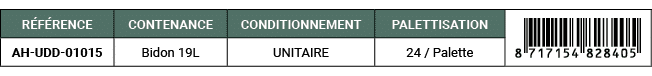 R F RENCE,CONTENANCE,CONDITIONNEMENT,PALETTISATION,￼,AH UDD 01015,Bidon 19L,UNITAIRE,24 / Palette