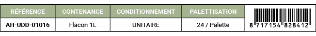 R F RENCE,CONTENANCE,CONDITIONNEMENT,PALETTISATION,￼,AH UDD 01016,Flacon 1L,UNITAIRE,24 / Palette
