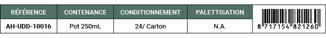 R F RENCE,CONTENANCE,CONDITIONNEMENT,PALETTISATION,￼,AH UDD 10016,Pot 250mL,24/ Carton,N.A. 