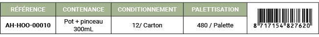R F RENCE,CONTENANCE,CONDITIONNEMENT,PALETTISATION,￼,AH HOO 00010,Pot + pinceau 300mL,12/ Carton,480 / Palette