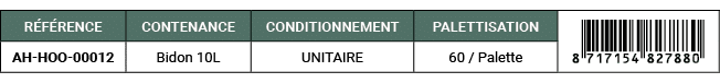 R F RENCE,CONTENANCE,CONDITIONNEMENT,PALETTISATION,￼,AH HOO 00012,Bidon 10L,UNITAIRE,60 / Palette