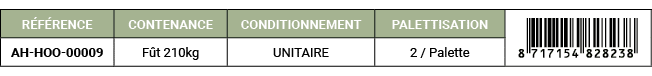 R F RENCE,CONTENANCE,CONDITIONNEMENT,PALETTISATION,￼,AH HOO 00009,F t 210kg,UNITAIRE,2 / Palette