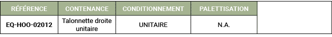 R F RENCE,CONTENANCE,CONDITIONNEMENT,PALETTISATION,,EQ HOO 02012,Talonnette droite unitaire,UNITAIRE,N.A. 
