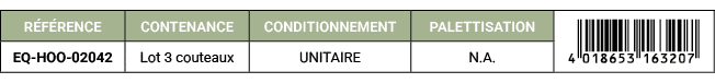 R F RENCE,CONTENANCE,CONDITIONNEMENT,PALETTISATION,￼,EQ HOO 02042,Lot 3 couteaux,UNITAIRE,N.A. 