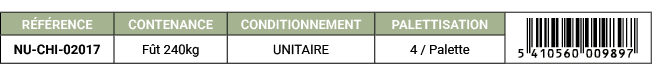 R F RENCE,CONTENANCE,CONDITIONNEMENT,PALETTISATION,￼,NU CHI 02017,F t 240kg,UNITAIRE,4 / Palette