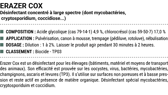 ERAZER COX D sinfectant concentr   large spectre (dont mycobact ries, cryptosporidium, coccidiose...) ■ COMPOSITION ...
